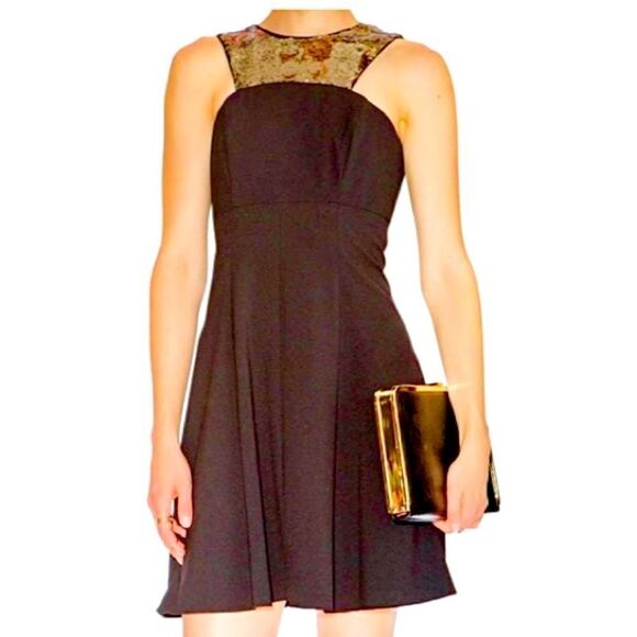 SHOSHANNA BLACK A-LINE SLEEVELESS GOLD EMBELLISHED YOKE SEQUIN DRESS 10 NWT - Picture 1 of 16